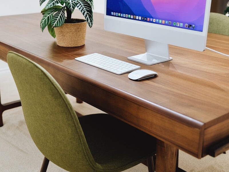 a desk with a computer and a potted plant